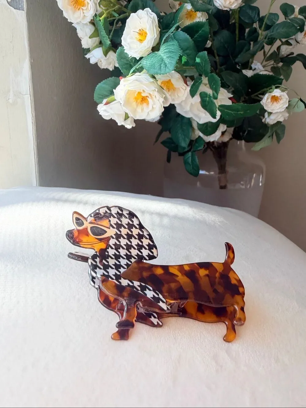 Dachshund Dog Hair Claw Clip Tortoise Houndstooth Statement Barrette